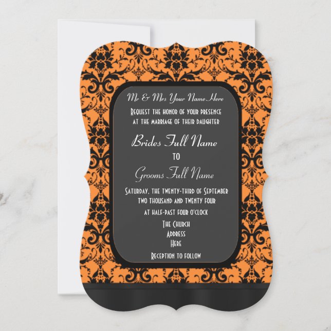 Invitation Mariage damassé orange et noire (Devant)