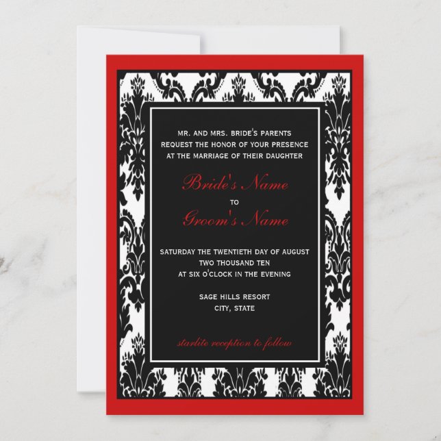Invitation Mariage damassé rouge noir (Devant)