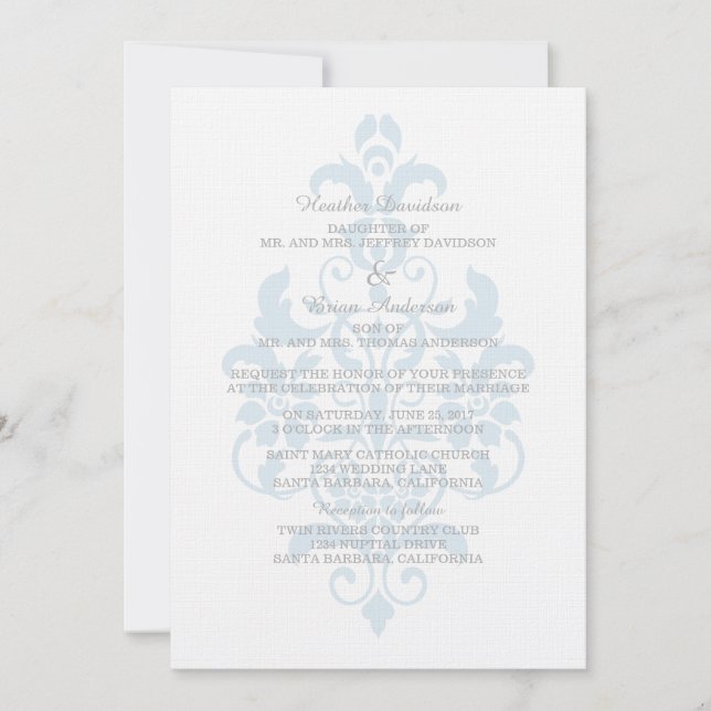 Invitation Mariage damassé subtil bleu (Devant)