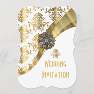 Invitation mariage damassé traditionnelle en or et blanc