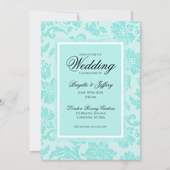 Invitation mariage damassé turquoise (Devant)