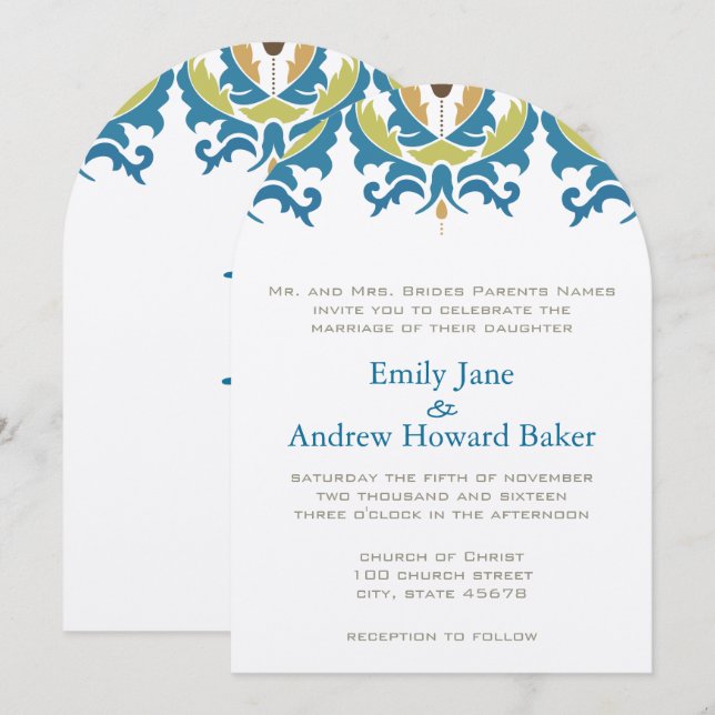 Invitation Mariage damassé turquoise Hazelnut Gree (Devant / Derrière)