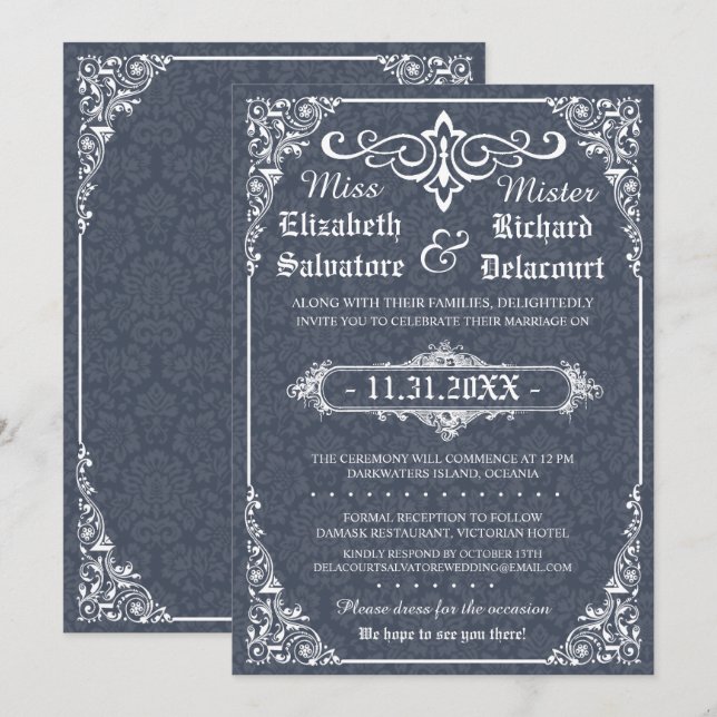 Invitation Mariage damassé victorienne gothique de la marine  (Devant / Derrière)