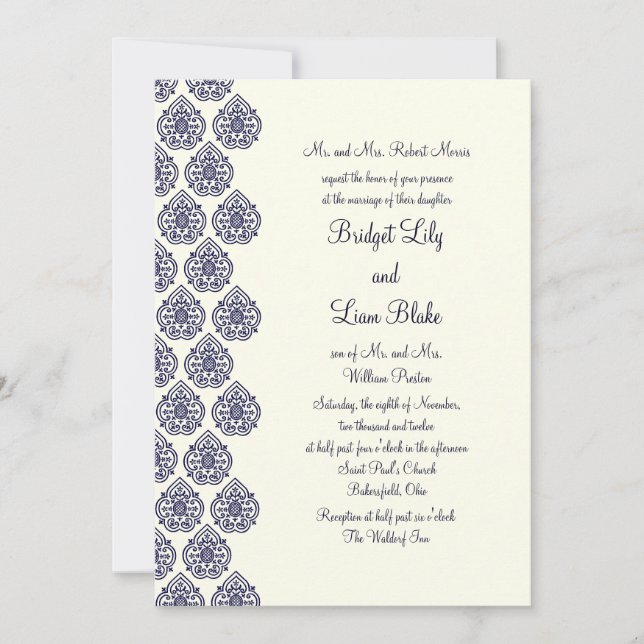 Invitation Mariage damassé Vintage (bleu) (Devant)