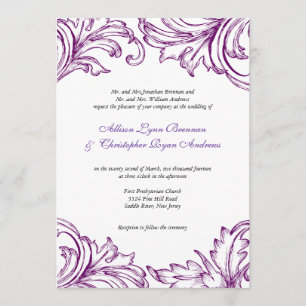 Invitation Mariage damassé Vintage violet et blanc