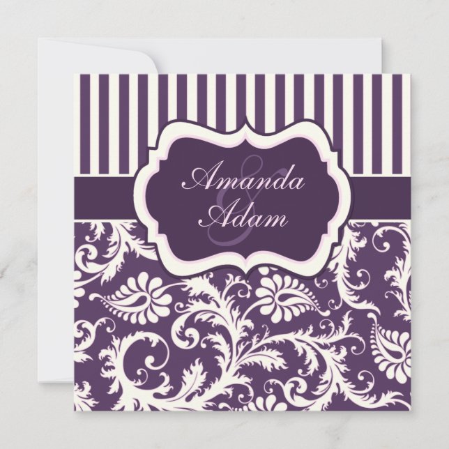 Invitation Mariage damassé violet, ivoire, rose ra (Devant)