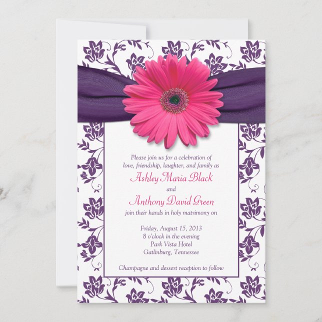 Invitation Mariage damassé violet rose Gerber Dais (Devant)