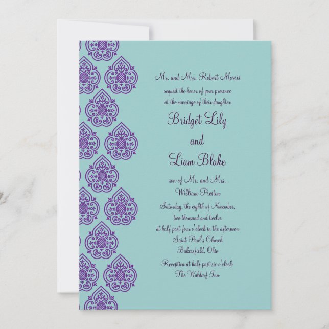Invitation Mariage damassé violet/turquoise (Devant)