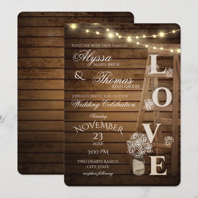 Invitation Mariage d'amour de l'échelle et des lumières rusti (Devant / Derrière)