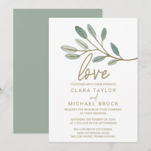 Invitation Mariage d'amour de l'Eucalyptus veiné or