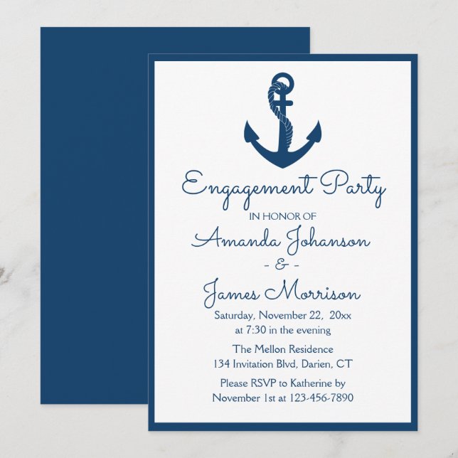 Invitation Mariage d'Ancre bleu de la marine (Devant / Derrière)