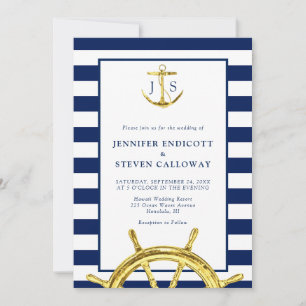 Invitation Mariage d'Ancre bleu et or marine
