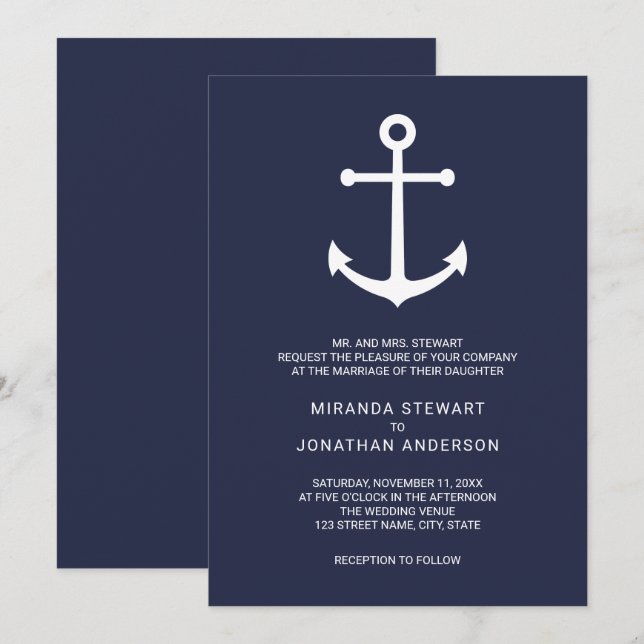 Invitation Mariage d'Ancre bleu marine moderne (Devant / Derrière)