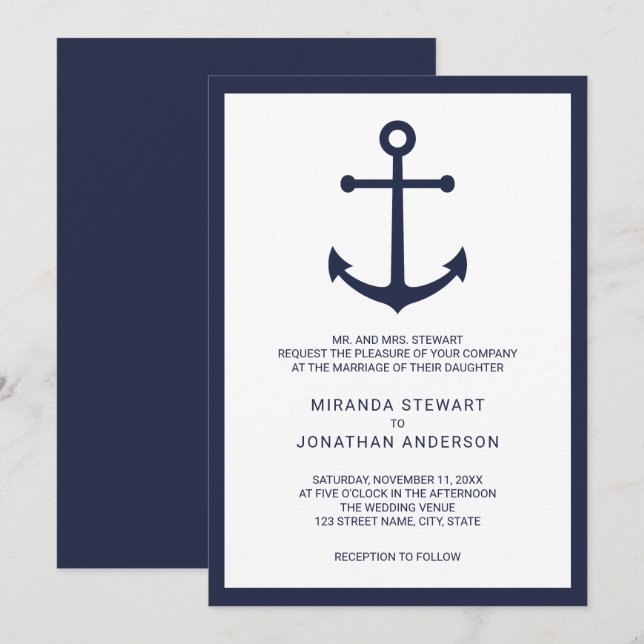 Invitation Mariage d'Ancre bleu marine moderne (Devant / Derrière)