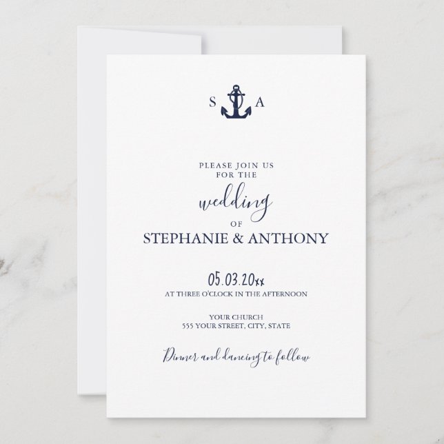 Invitation Mariage d'Ancre bleu marine Monogram (Devant)