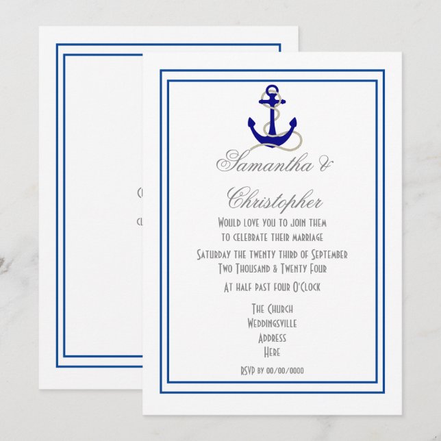 Invitation Mariage d'ancre de bateau nautique (Devant / Derrière)