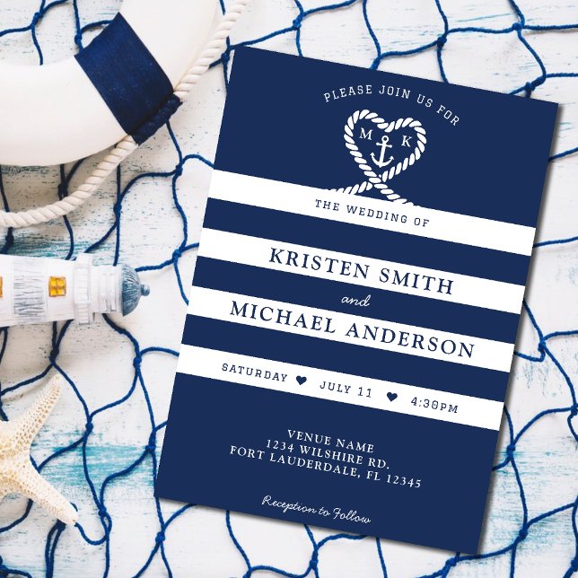 Invitation Mariage d'Ancre du coeur en corde bleue marine (Nautical Blue Striped Rope Heart Anchor Wedding Invitation)