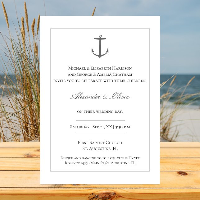 Invitation Mariage d'Ancres nautiques simple | Blanc (White Simple Nautical Anchor Wedding Invitation)