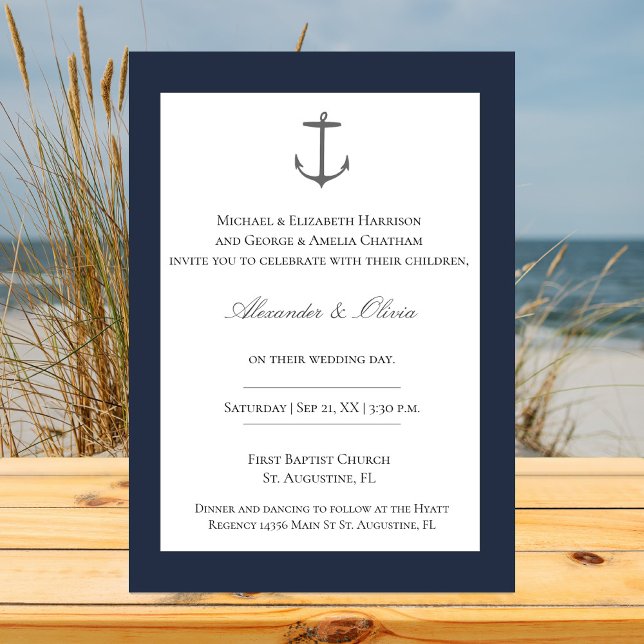 Invitation Mariage d'Ancres nautiques simple | Bleu Marine (Navy Simple Nautical Anchor Wedding Invitation)
