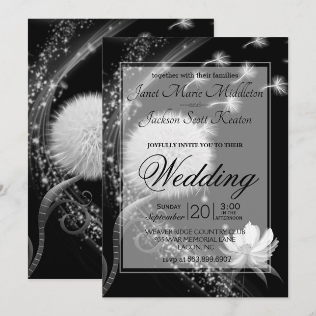 Invitation Mariage Dandelion noir et blanc (Devant / Derrière)