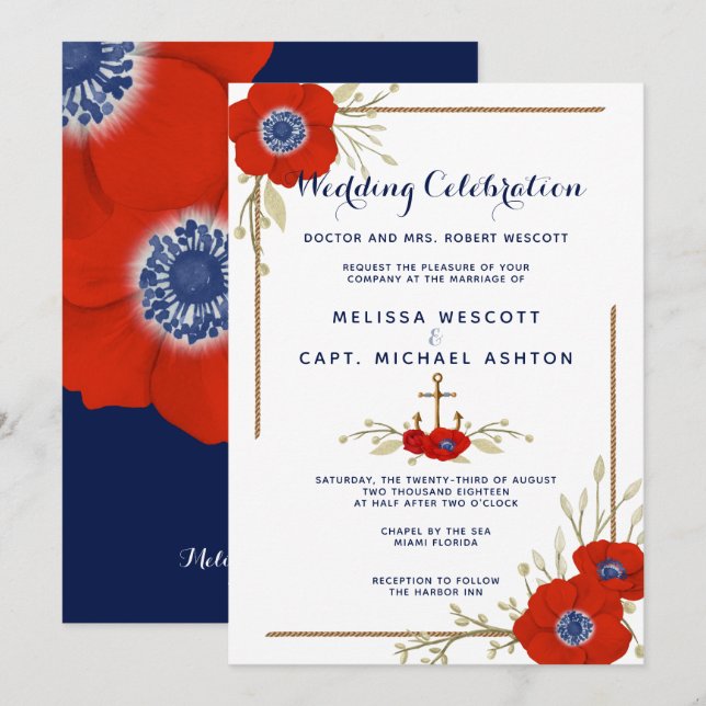 Invitation Mariage d'anémone bleu blanc et bleu marine (Devant / Derrière)