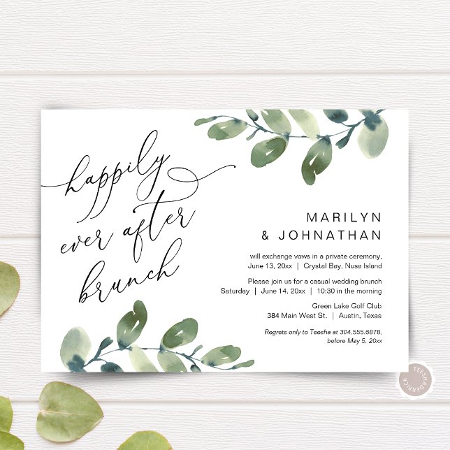 Invitation Mariage dans la verdure du petit déjeuner de fête  (Happily Ever After Brunch, Elopement Invitation Card, Greenery Eucalyptus Themed, Digital Down)