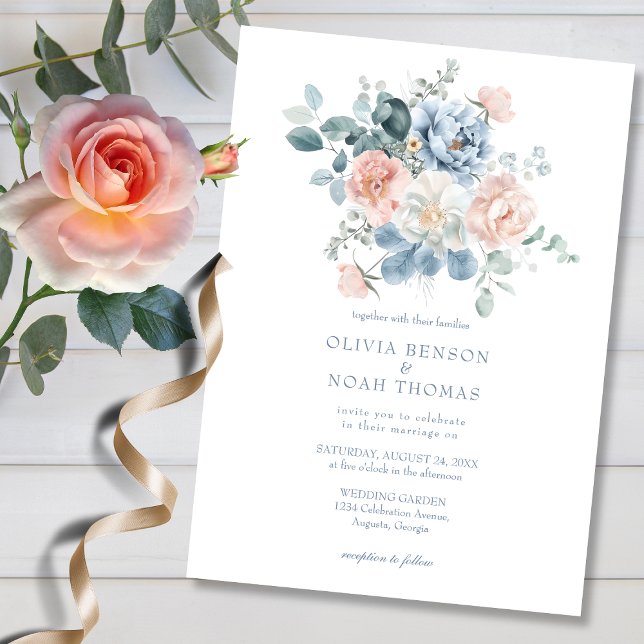 Invitation Mariage dans le jardin floral bleu et rose pâle (Créateur téléchargé)