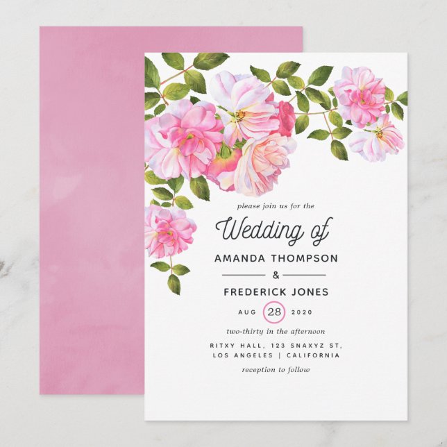 Invitation Mariage dans le jardin rose (Devant / Derrière)