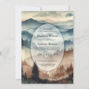 Invitation Mariage dans les montagnes de couleur bleu poussié