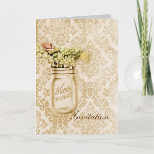 Invitation Mariage dans un pot mason en damas floral champagn