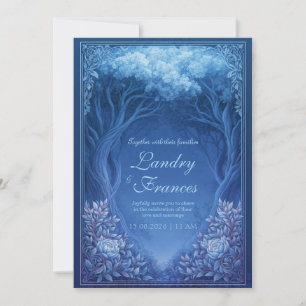 Invitation Mariage dans une forêt enchantée bleue monochrome