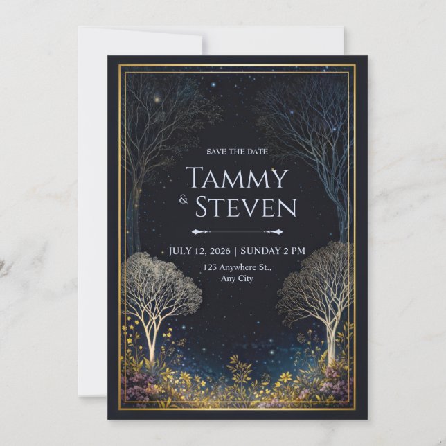 Invitation Mariage dans une forêt étoilée aux fleurs sauvages (Devant)
