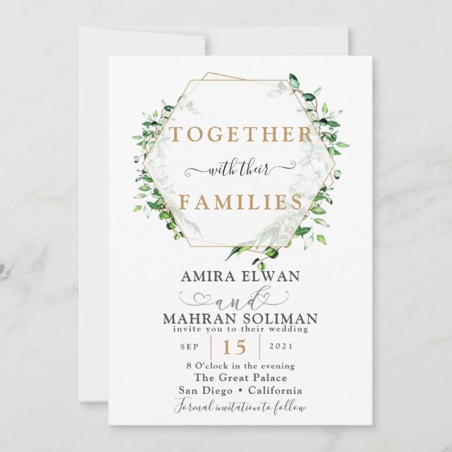 Invitation Mariage d'aquarelle à cadre doré vert (Devant)