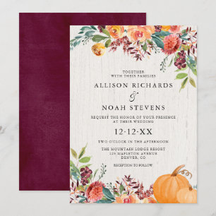 Invitation Mariage d'aquarelle à fleurs et citrouille