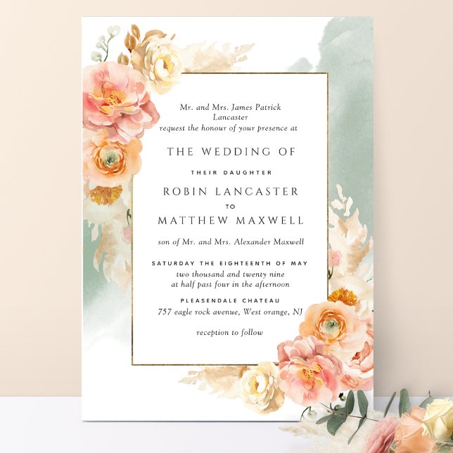 Invitation Mariage d'aquarelle à fond floral clair de pêche (Créateur téléchargé)