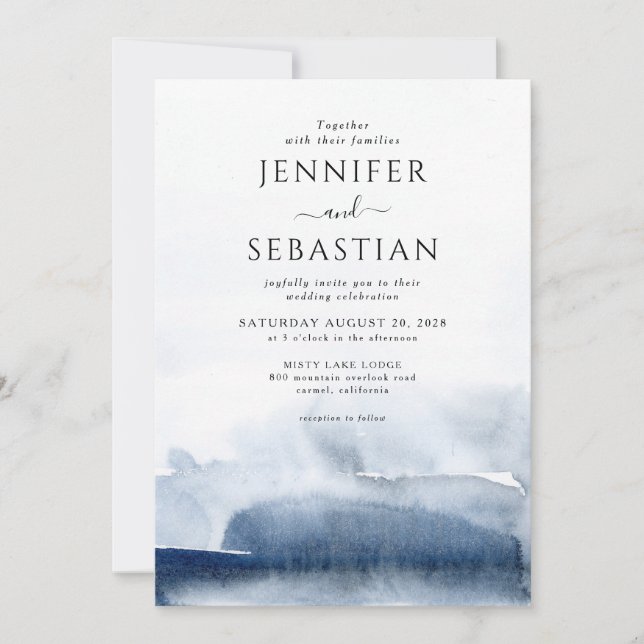 Invitation Mariage d'aquarelle Abstraite bleu Ethereal (Devant)
