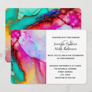 Invitation Mariage d'aquarelle Abstraite rose et turquoise