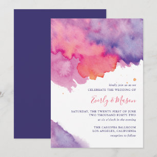 Invitation Mariage d'aquarelle Abstraite rose et violet corai
