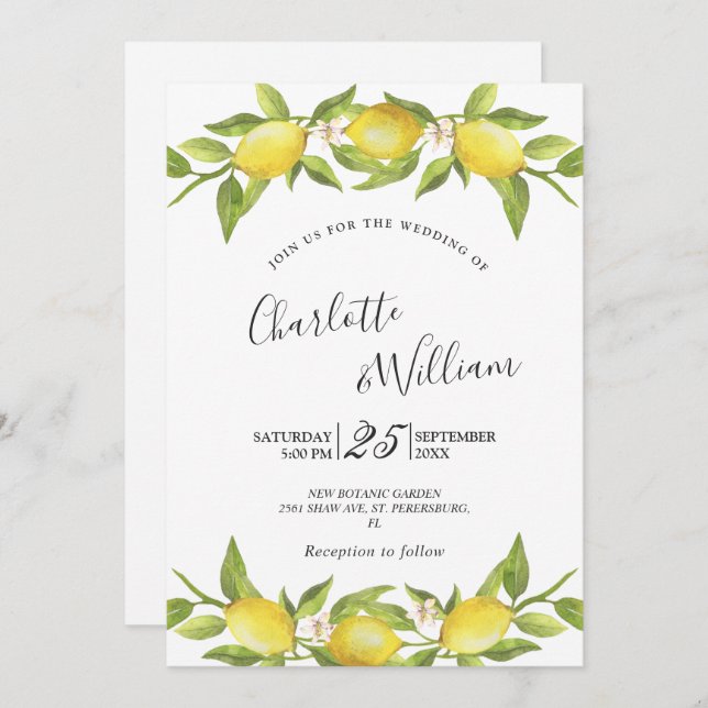 Invitation Mariage d'aquarelle aux citrons fleuris (Devant / Derrière)