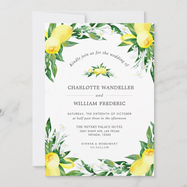 Invitation Mariage d'aquarelle aux citrons fleuris (Devant)