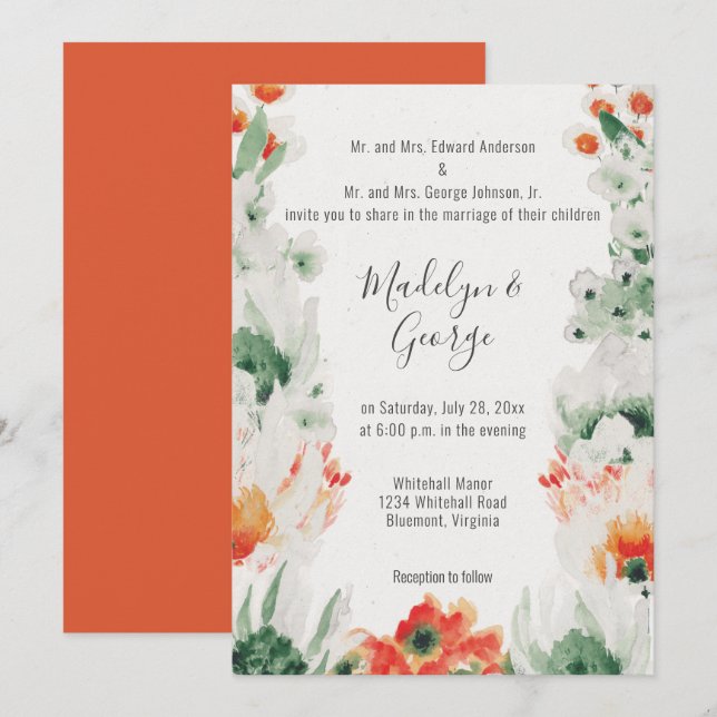Invitation Mariage d'aquarelle blanc orange rustique (Devant / Derrière)