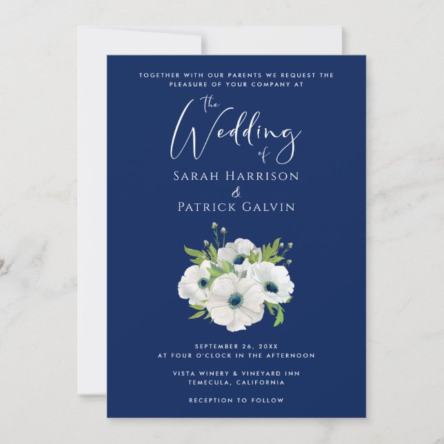 Invitation Mariage d'aquarelle bleu blanc de la marine modern (Devant)