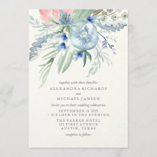 Invitation Mariage d'aquarelle bleu et rose Peony