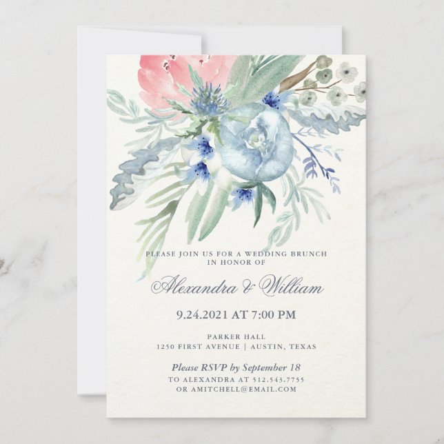 Invitation Mariage d'aquarelle bleu et rose Peony Brunch (Devant)