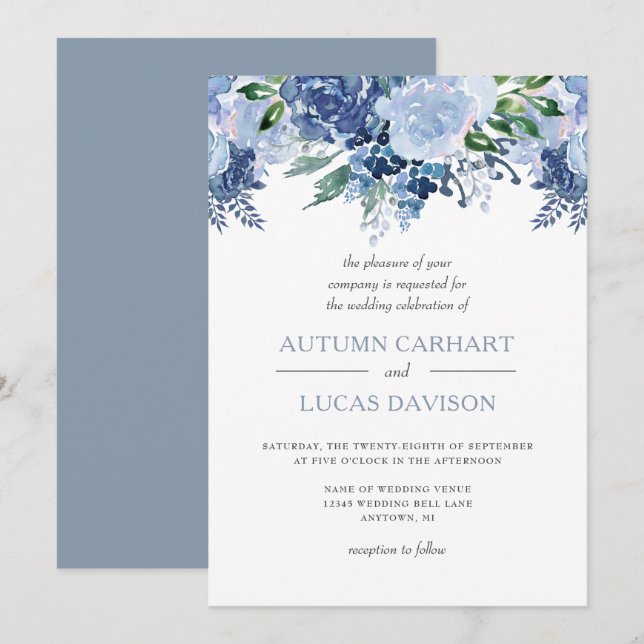 Invitation Mariage d'aquarelle bleu foncé (Devant / Derrière)