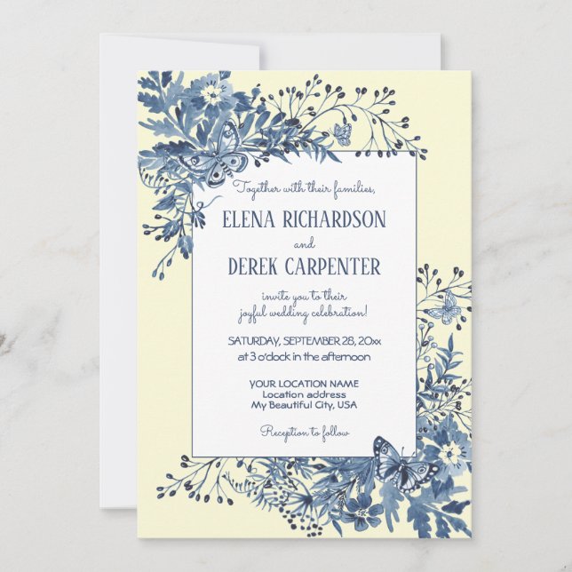 Invitation Mariage d'aquarelle bleu foncé, jaune pâle (Devant)