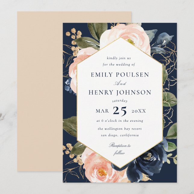 Invitation Mariage d'aquarelle bleu marine et bleu (Devant / Derrière)