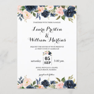 Invitation Mariage d'aquarelle bleu marine et rose pâle