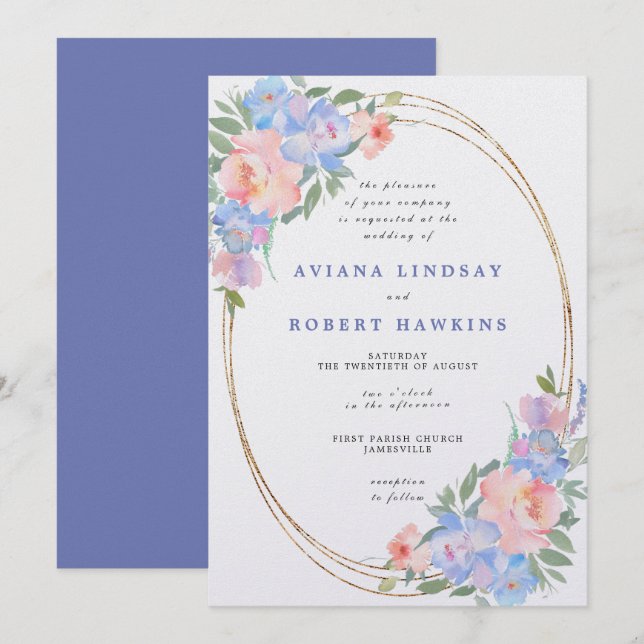 Invitation Mariage d'aquarelle bleu rose pâle (Devant / Derrière)