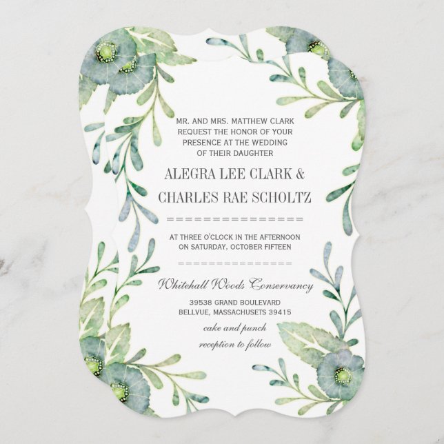 Invitation Mariage d'aquarelle bleu Serenity rustique (Devant / Derrière)